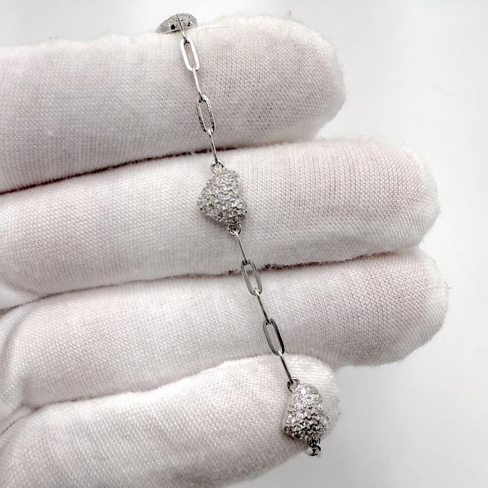 7” .925 Sterling Silver Cz Heart Bracelet - Picture 9 of 13